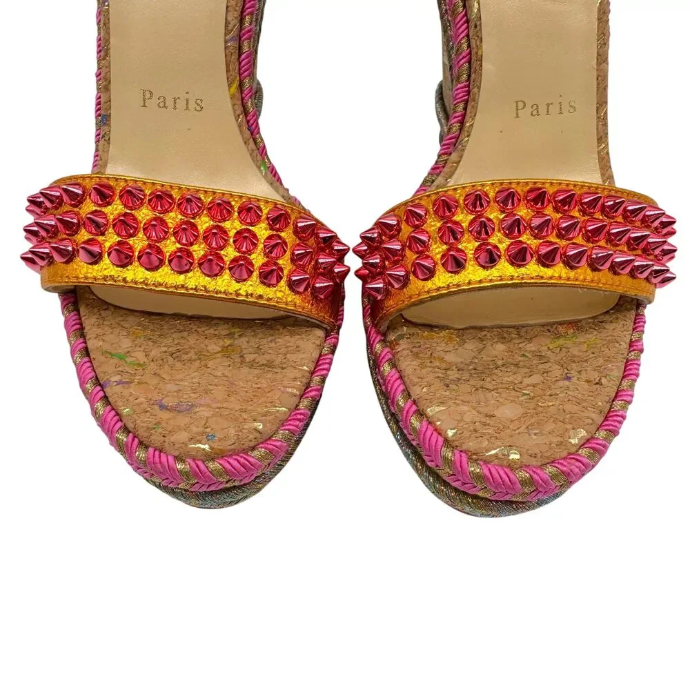 Christian Louboutin Metallic Pink & Gold Spike Embellished Cork Wedge Sandals